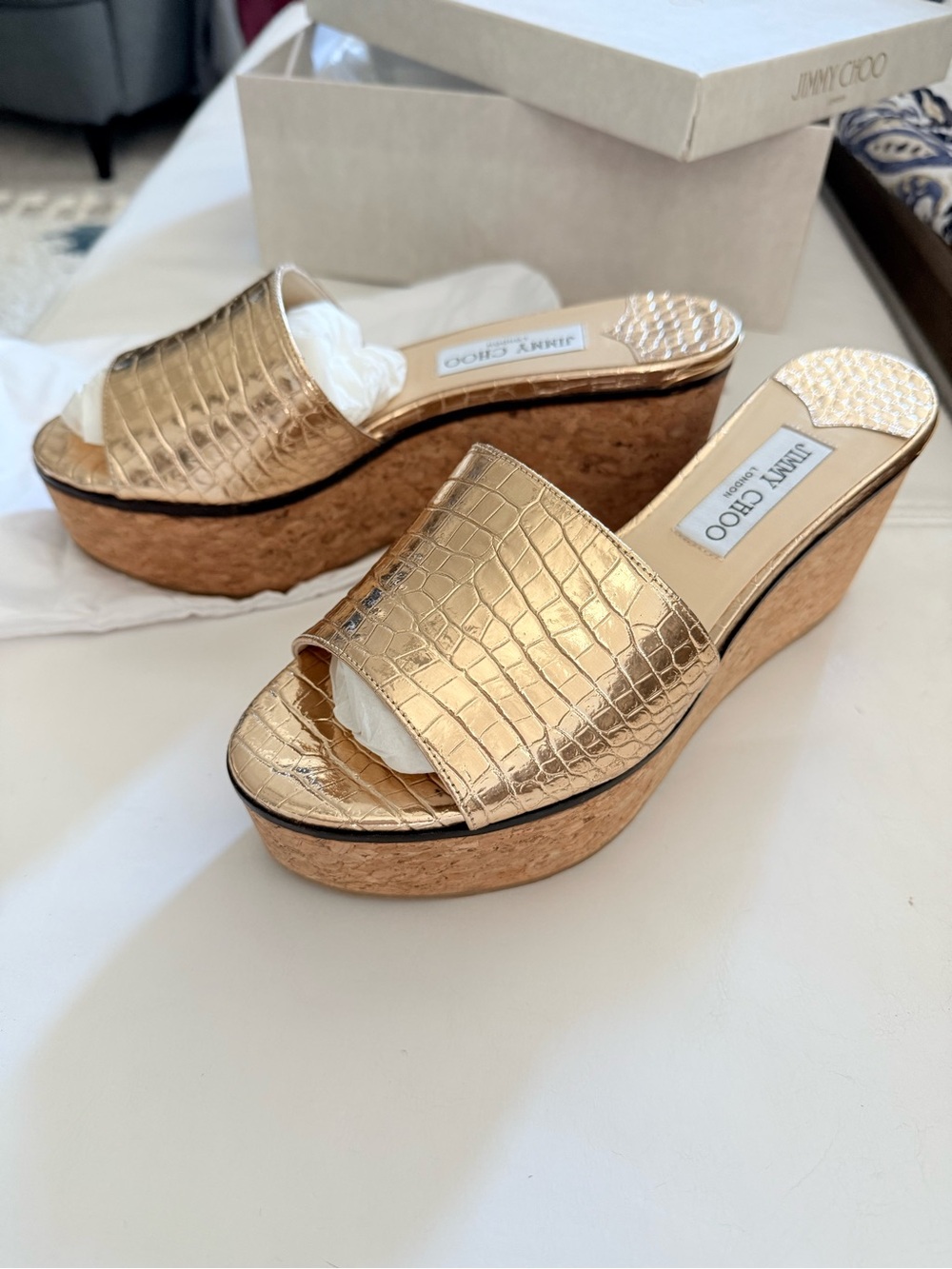 Jimmy Choo Metallic Gold Croc-Embossed Cork Wedge Slides, Size 38